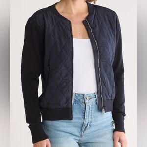 Industry | Quilted Mixed Media Bomber Jacket Black Navy S Wool Blend Sporty